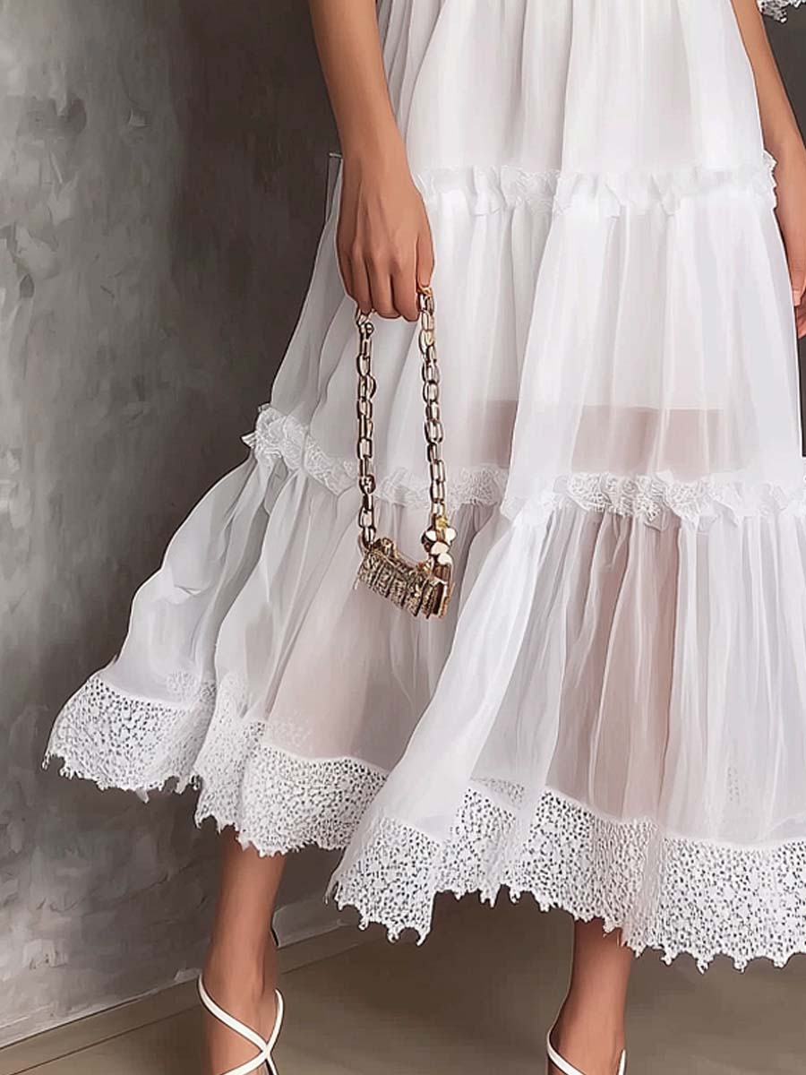 Bohemian Off-the-shoulder Lace-trimmed White Midi Dress