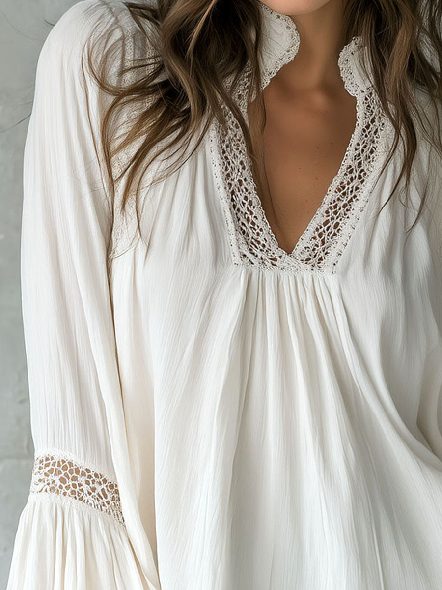 Bohemian Ivory Lace Blouse With Flared Sleeves And Crochet Trim