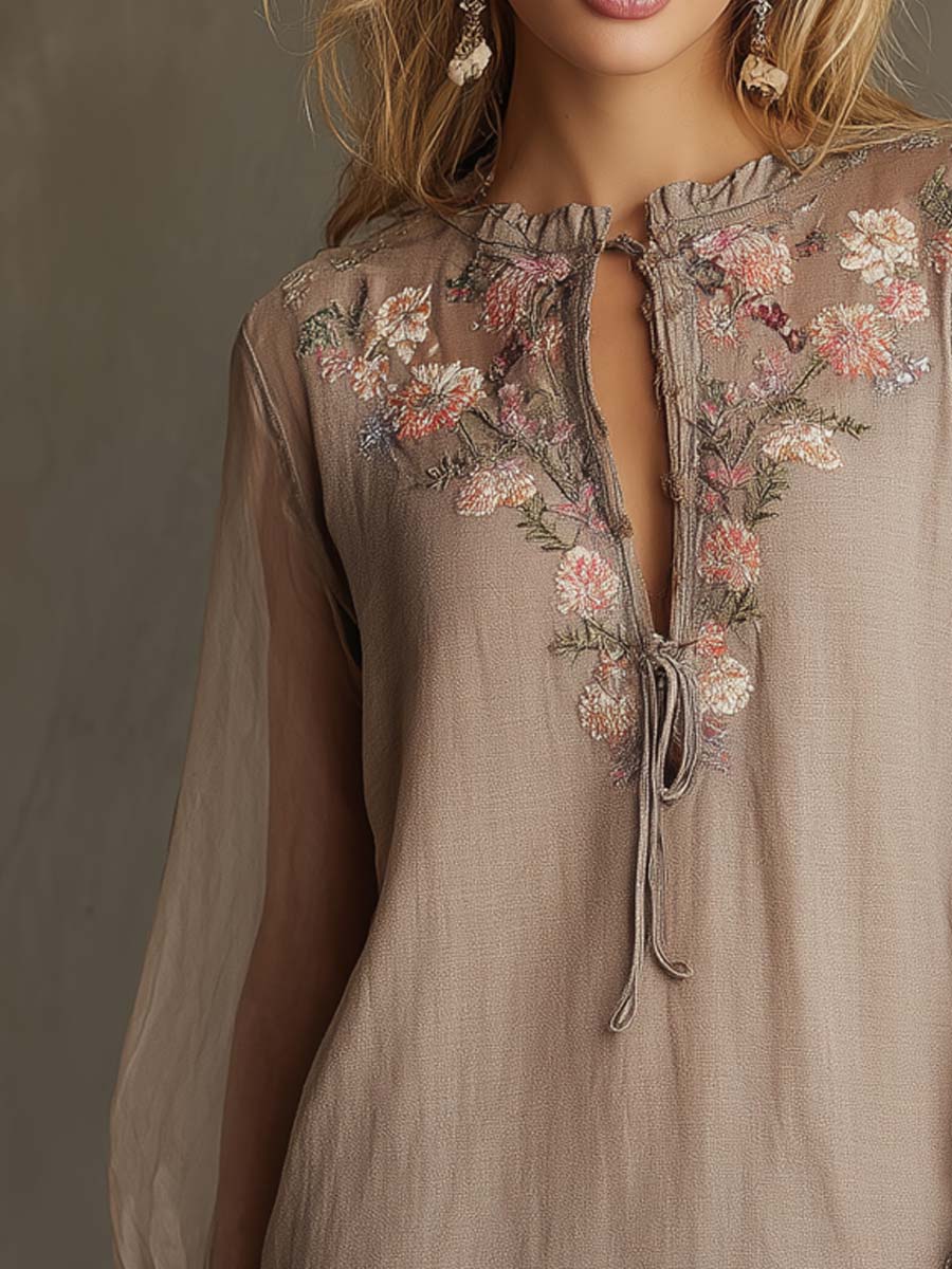 Vintage Cotton And Linen Embroidered Sheer Sleeves Mini Dress