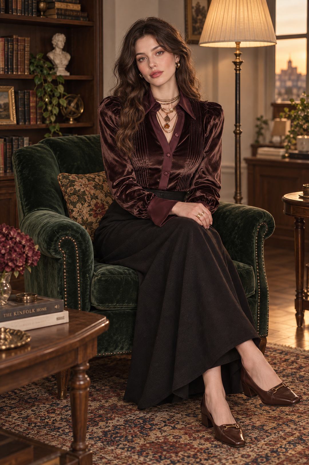 Elegant Velvet Paneling Long-sleeve Blouse Featuring Pintuck Detailing