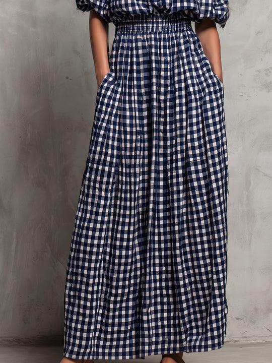 Boho Navy Gingham Off-Shoulder Maxi Dress With Smocked Waist
