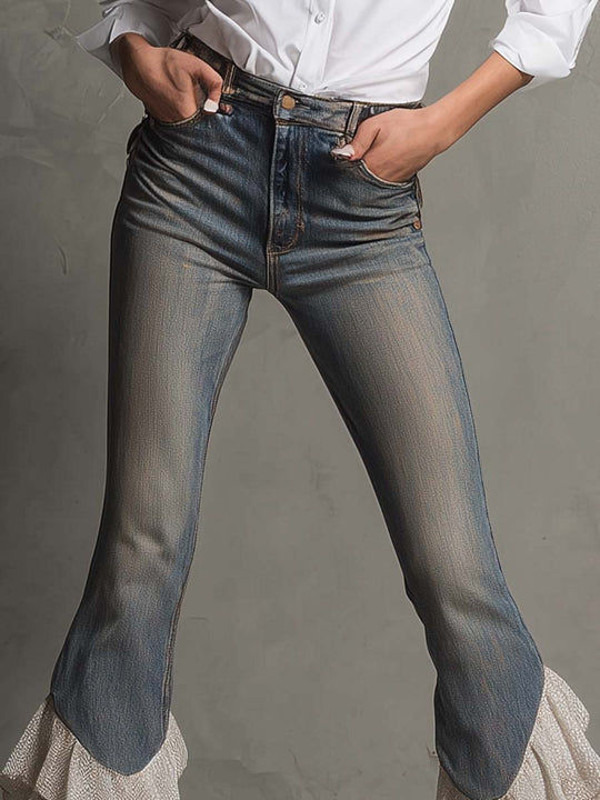Vintage Flared Denim Pants With Layered Mesh Ruffle Hem