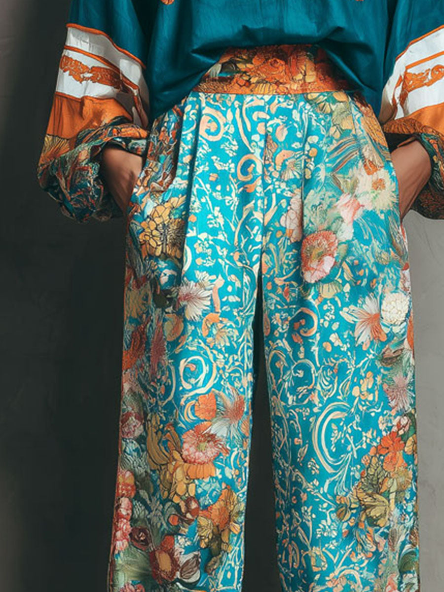 Baroque High-Waist Turquoise Botanical Print Trousers