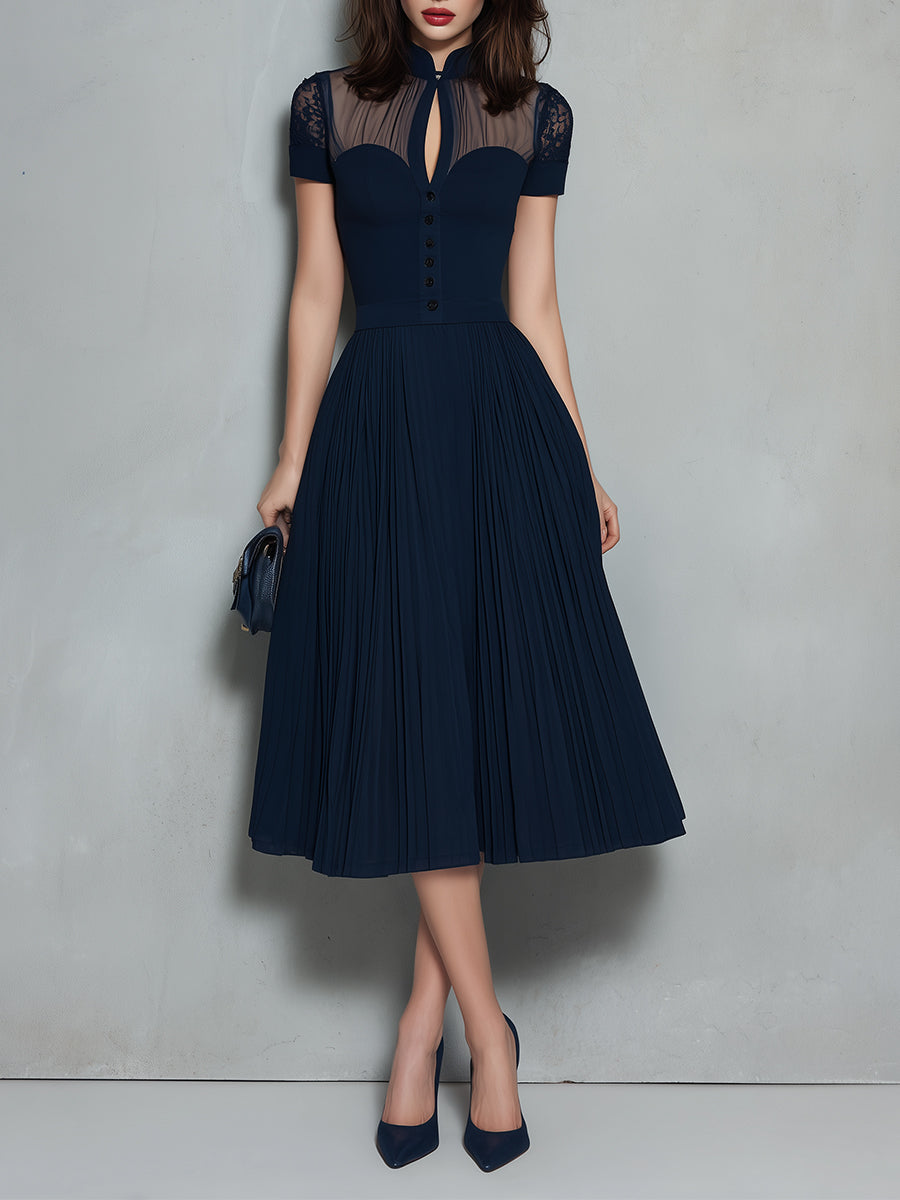 Elegant Keyhole Collar Pleated A-line Midi Dress