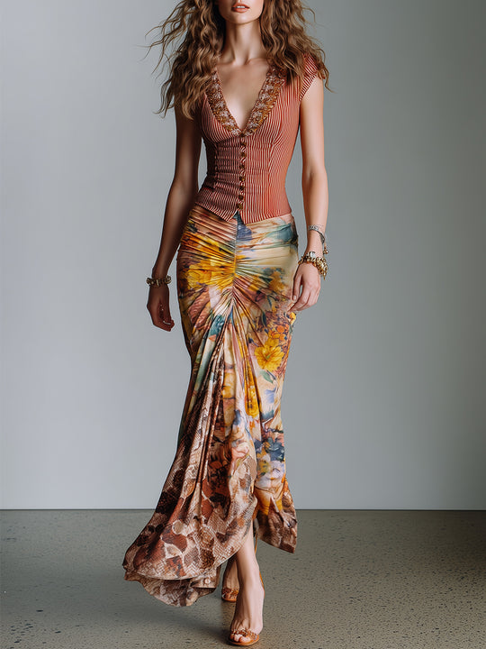 Striped Vest & Oil Painting Flower Gathered Fishtail Skirt Set