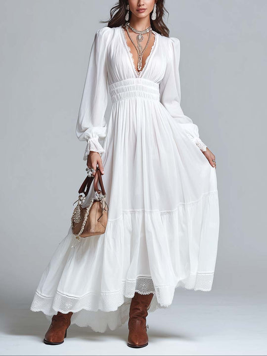 Retro Lace Trim Fitted Waist Midi Dress