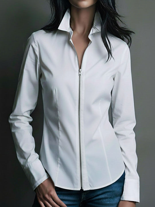 Minimalism White Tailored Structure Zip-Up Shirt