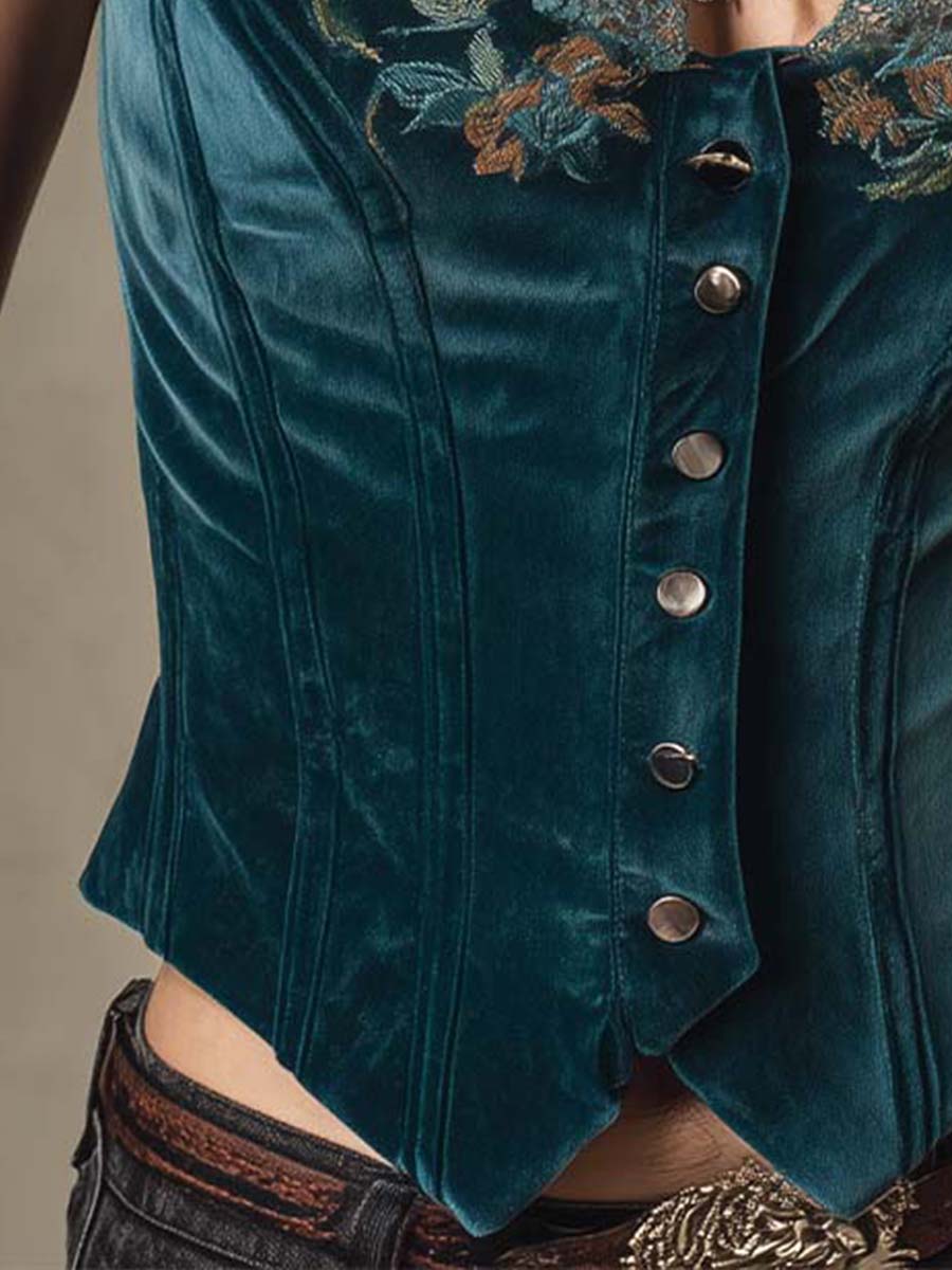 Teal Velvet Embroidered Corset Vest With Lace Trim
