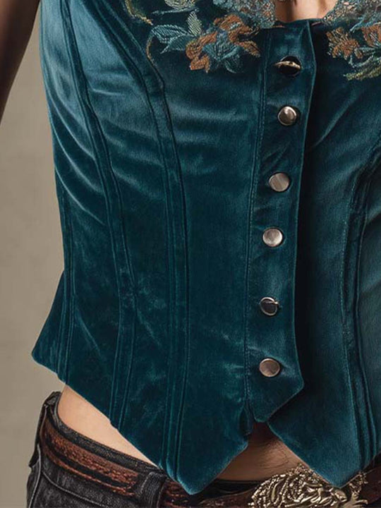 Teal Velvet Embroidered Corset Vest With Lace Trim