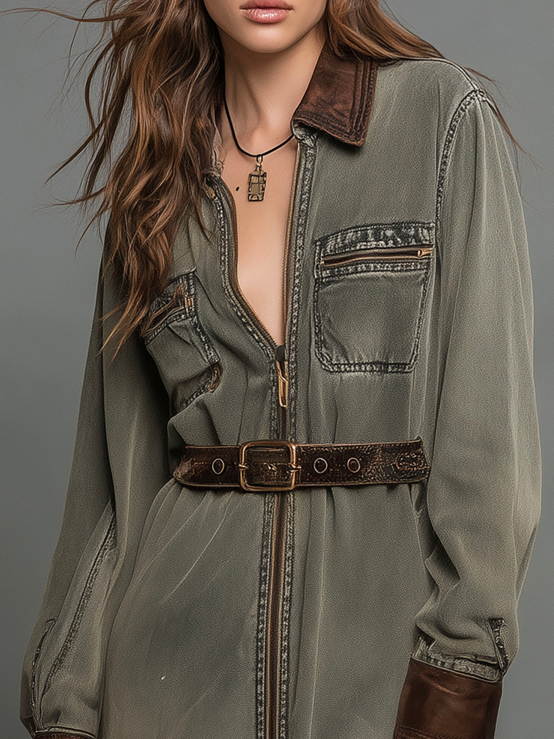 Olive Green Washed Utility Shirt Dress With Contrast Details