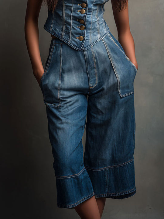 Vintage Casual Denim Wide-Leg Culotte Pants