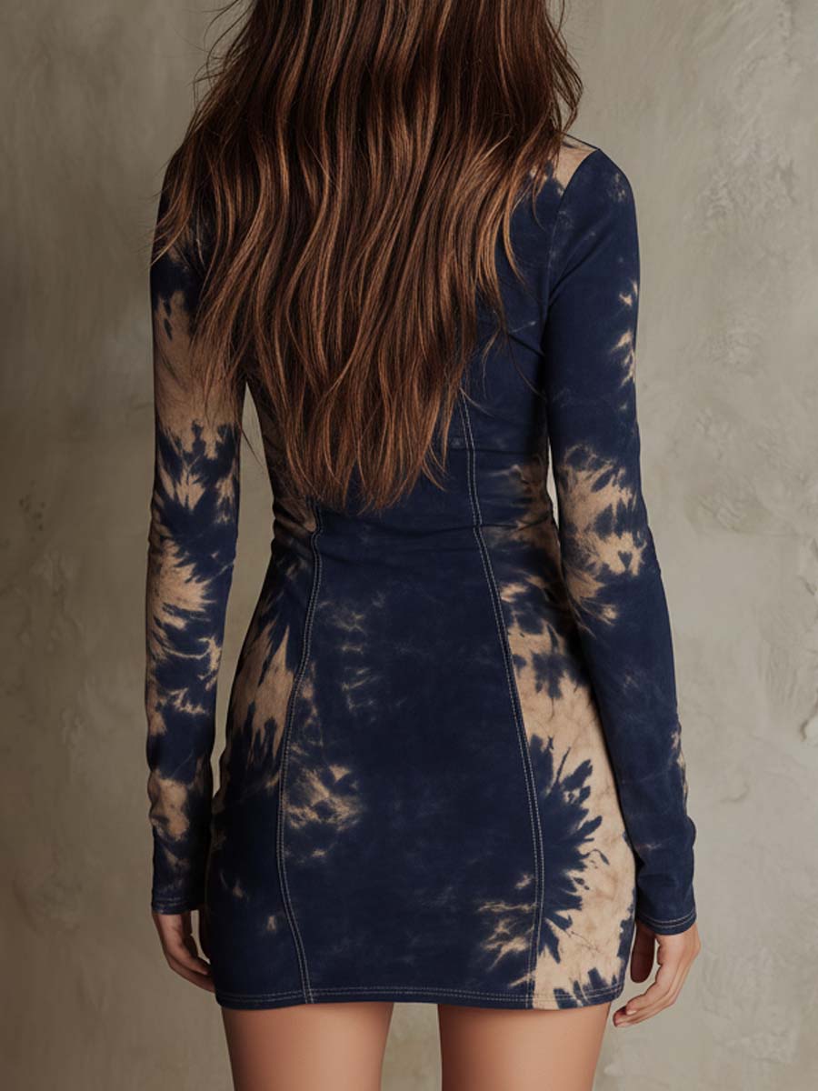 Printed Eco-Suede Bodycon Mini Dress With Front Zip