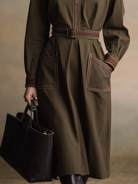 Olive Tailored Structured Zip-Front Utility Midi Dress