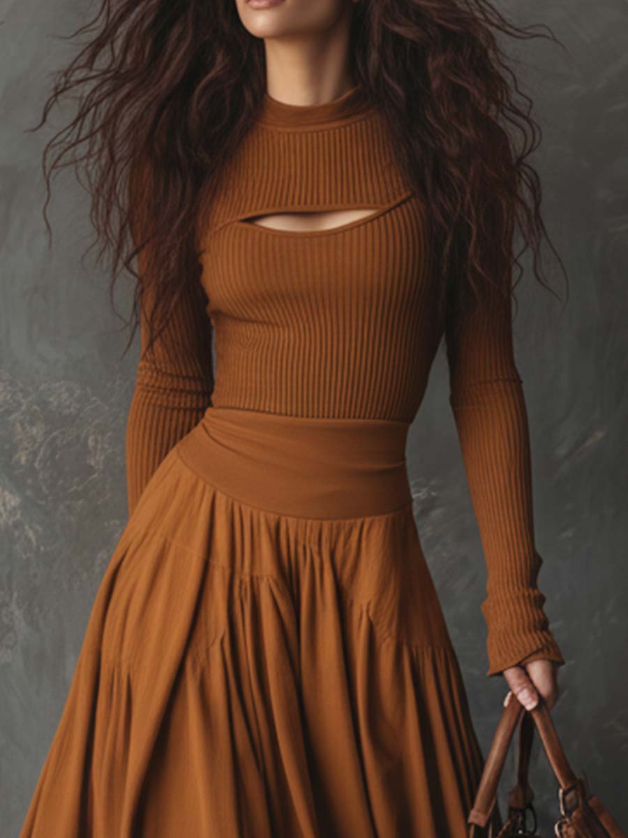 Ribbed Knit Bodice Spliced Maxi Dress