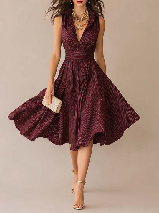 Vintage Wine Pleated Waist Midi Dress
