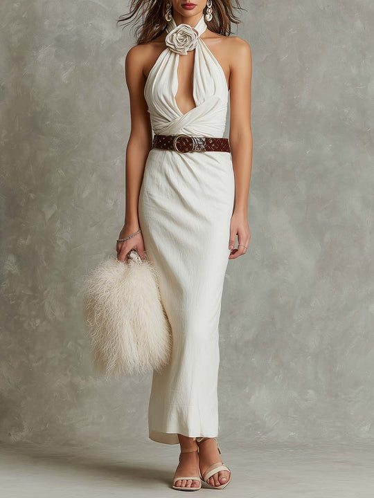 Elegant Bohemian Pure-Cotton Halter Maxi Dress