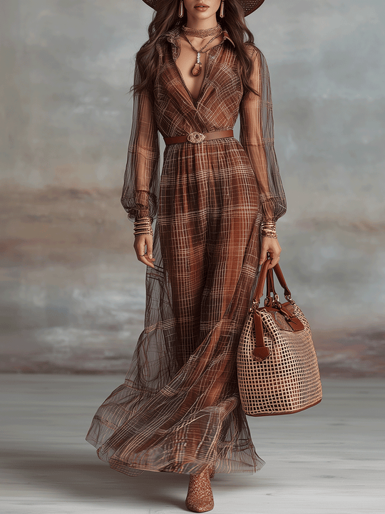 Bohemian Plaid Print Chiffon Maxi Dress