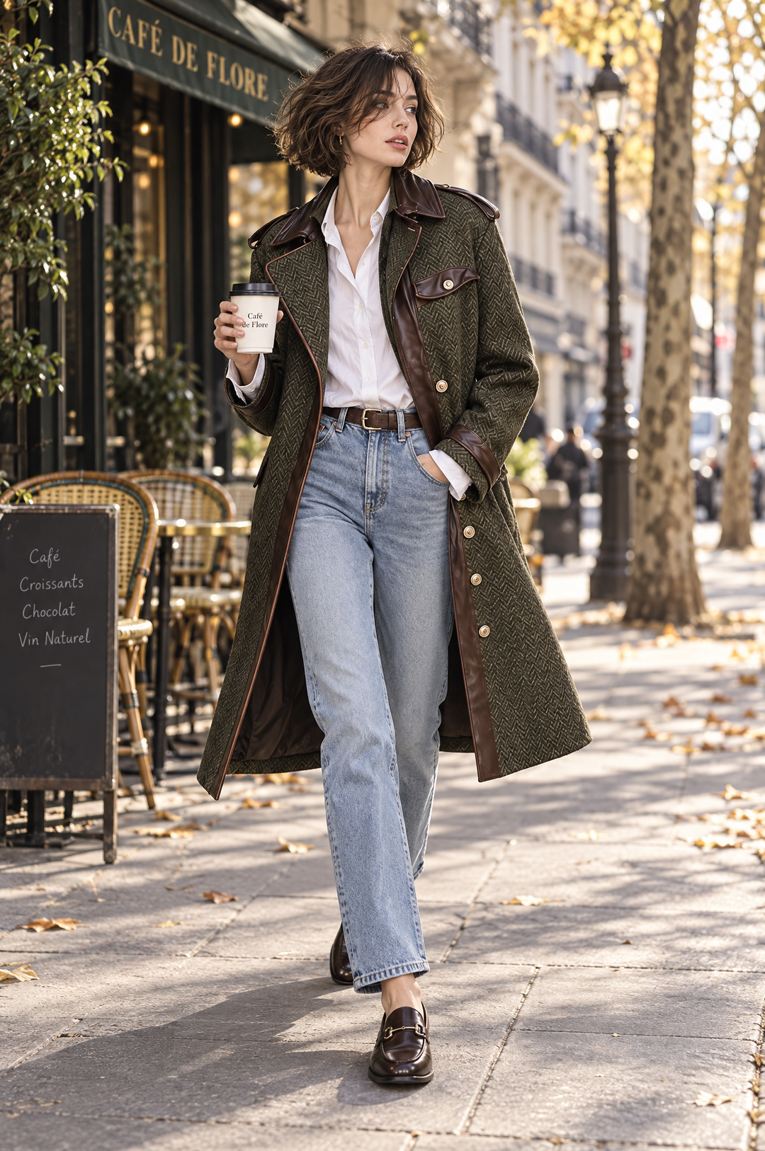 Vintage Straight-cut Mid-length Herringbone Wool-blend Coat With PU Paneling