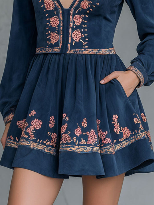 Boho V-Neck Navy Floral Embroidered Mini Dress With Side Pockets