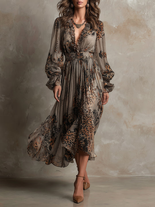 Bohemian Holiday Leopard Print Ruffle Neckline Chiffon Midi Dress