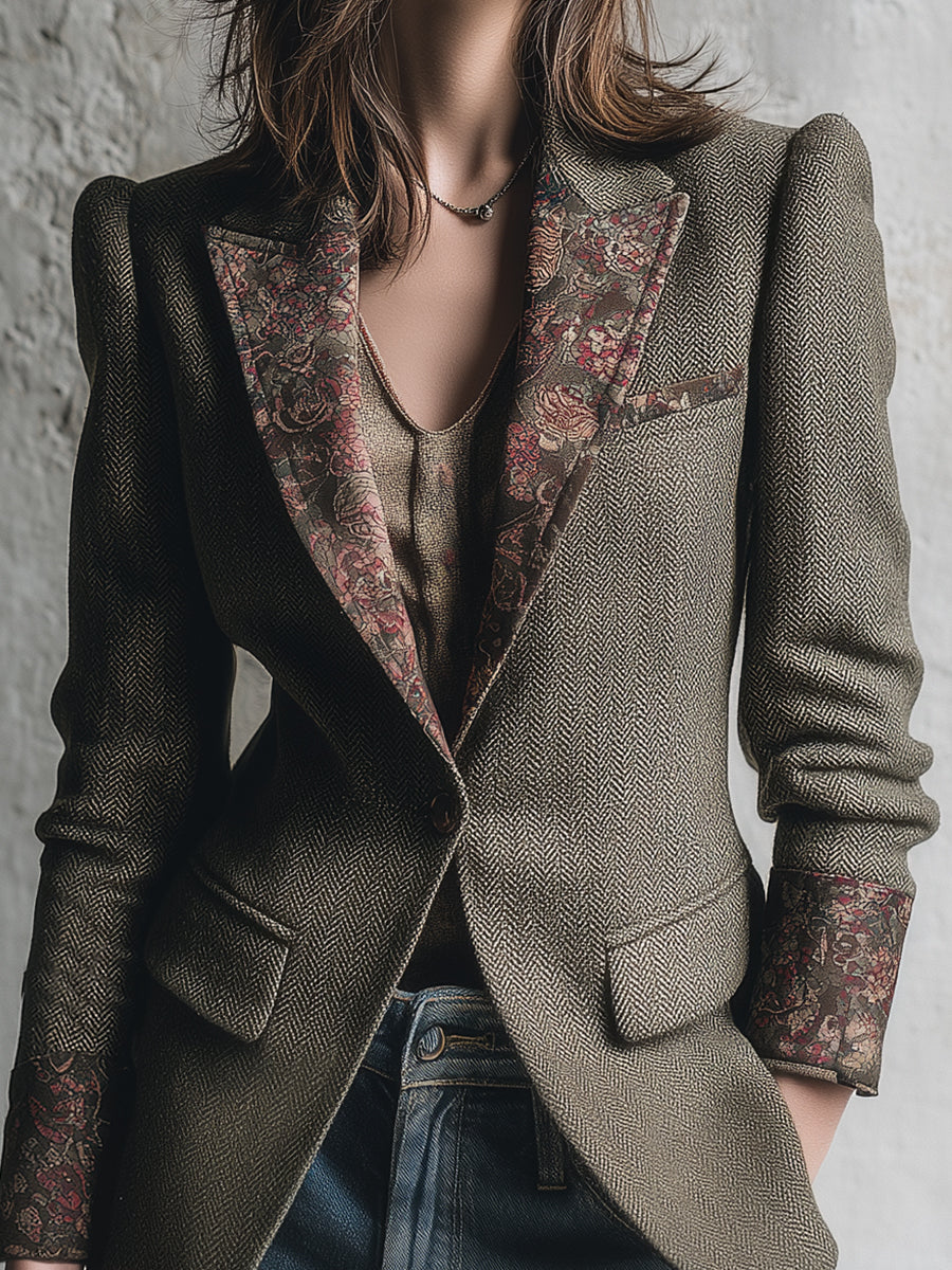 Classic Herringbone Wool Retro Pattern Slim Fit Blazer