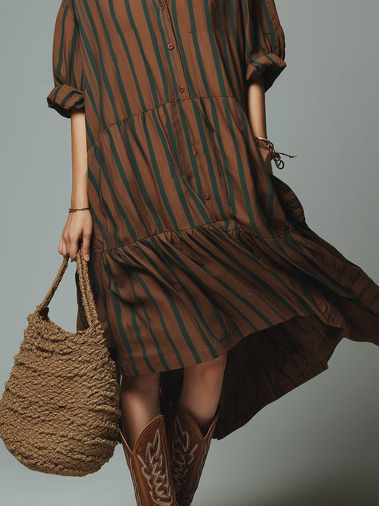 Bohemian Striped Loose-fitting Midi Dress With A High-low Hem