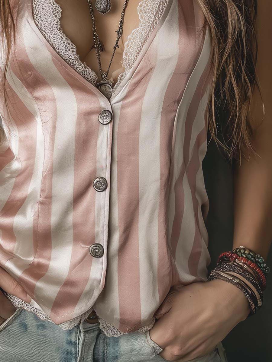 Retro Lace Trim Striped Polyester Satin Vest