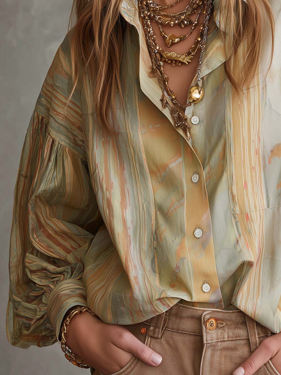 Vintage Boho Washed Print Puff Sleeve Shirt
