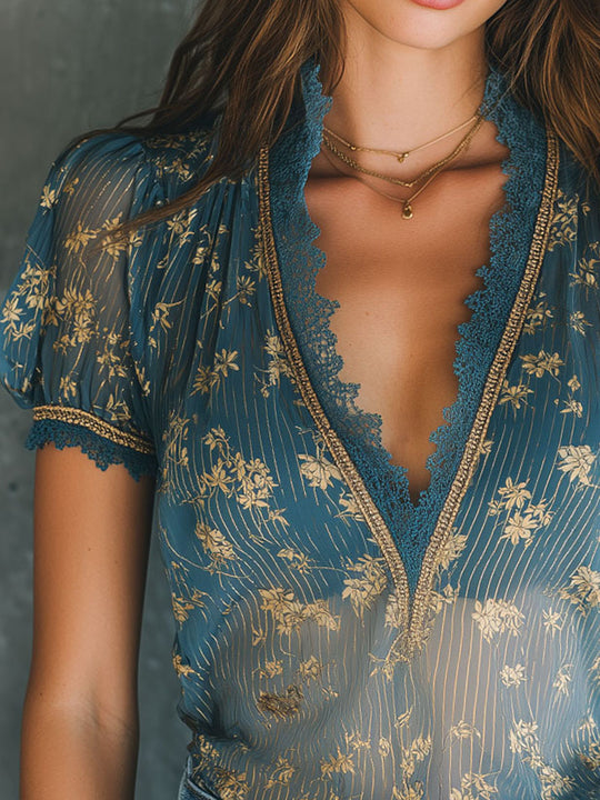 Boho Teal Floral Print And Gold Stripes Lace-Trim Blouse