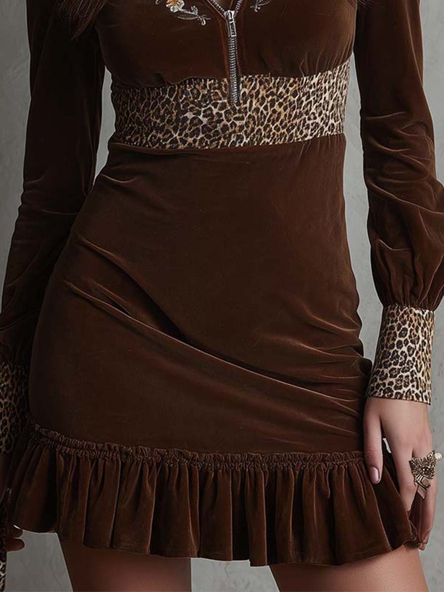 Velvet Embroidered Zip Dress With Leopard Trim