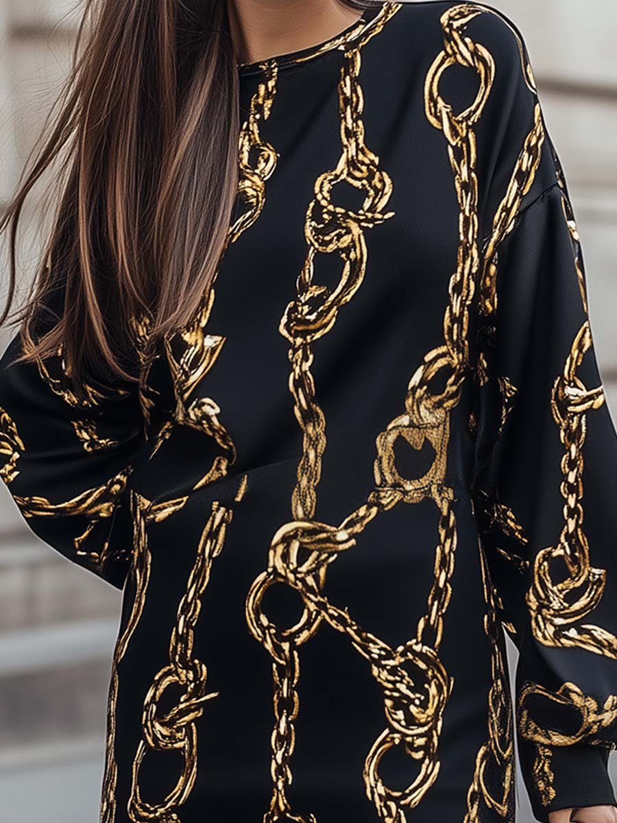 Trendy Black and Gold Chain - Print Oversized Mini Dress