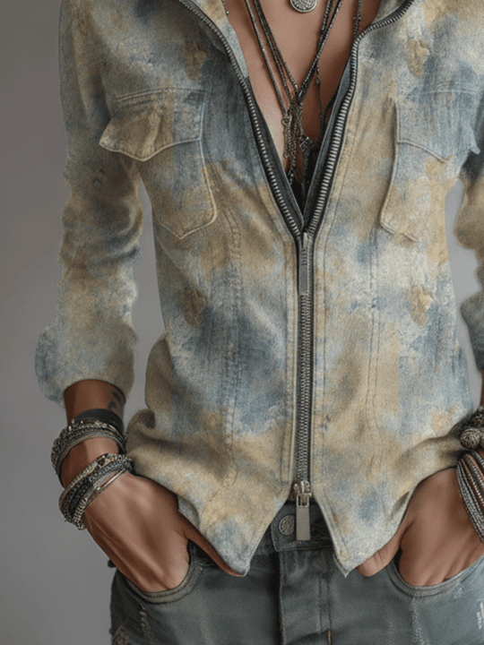 Retro Desert-Style Tie-Dye Pattern Zip-Up Shirt