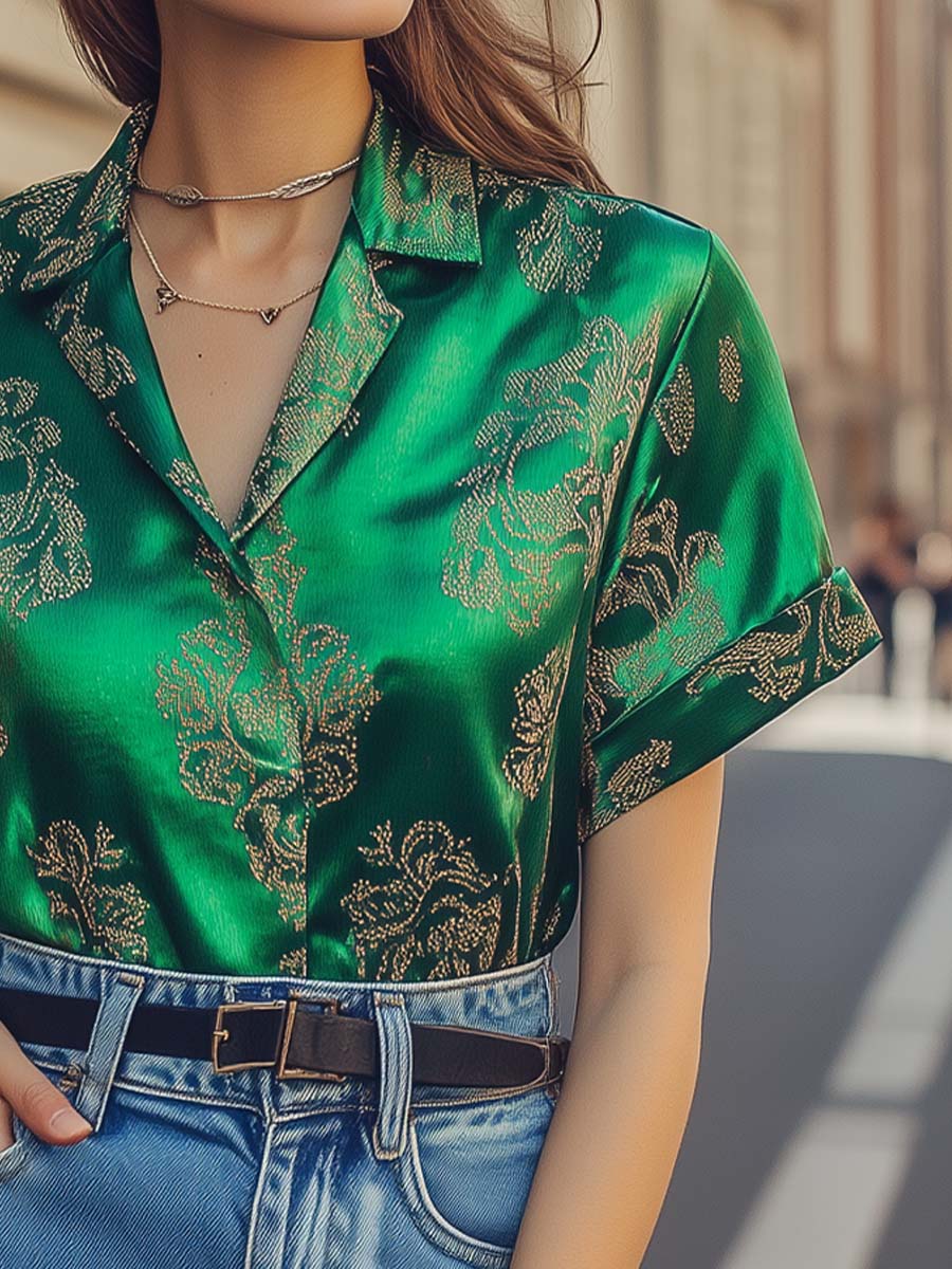 Luxurious Satin Finish Floral Print Short Sleeve Blouse