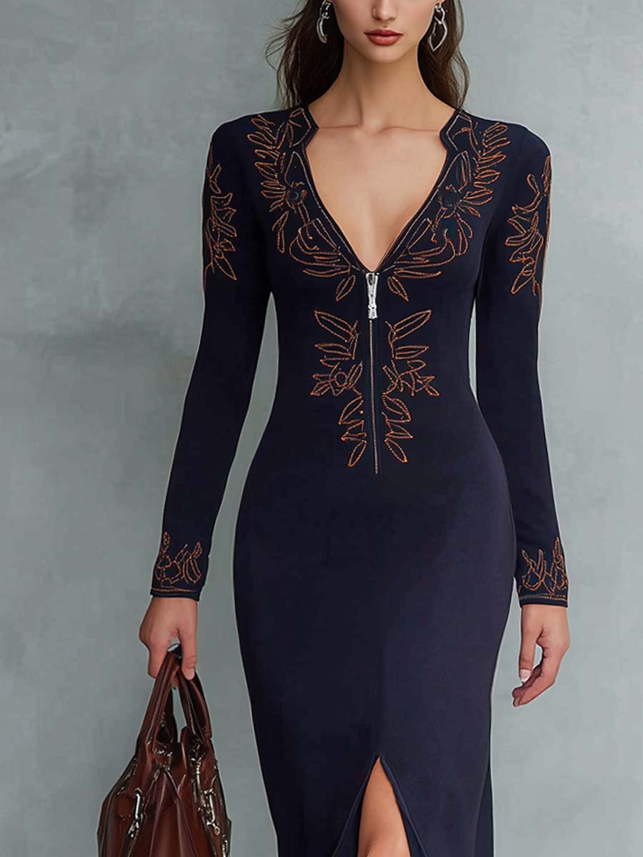 Retro Zipper Collar Ethnic Floral Embroidered Midi Dress