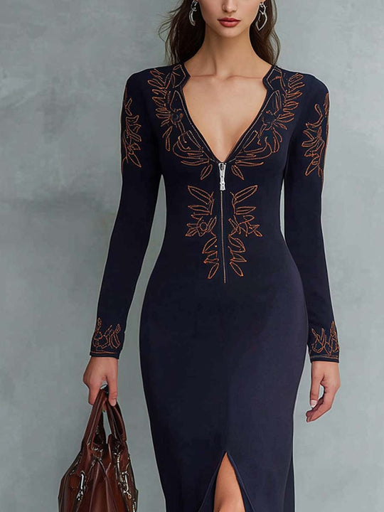 Retro Zipper Collar Ethnic Floral Embroidered Midi Dress