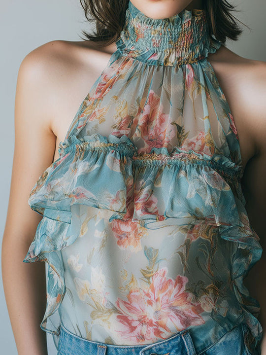 Pastel Blue High-Neck Floral Ruffled Chiffon Halter Blouse