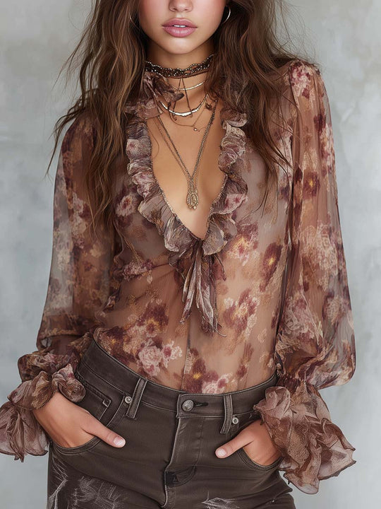 Retro Floral Ruffle Collar Chiffon Blouse