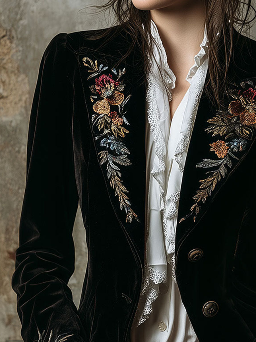 Luxurious Vintage Floral Embroidered Velvet Tailored Blazer