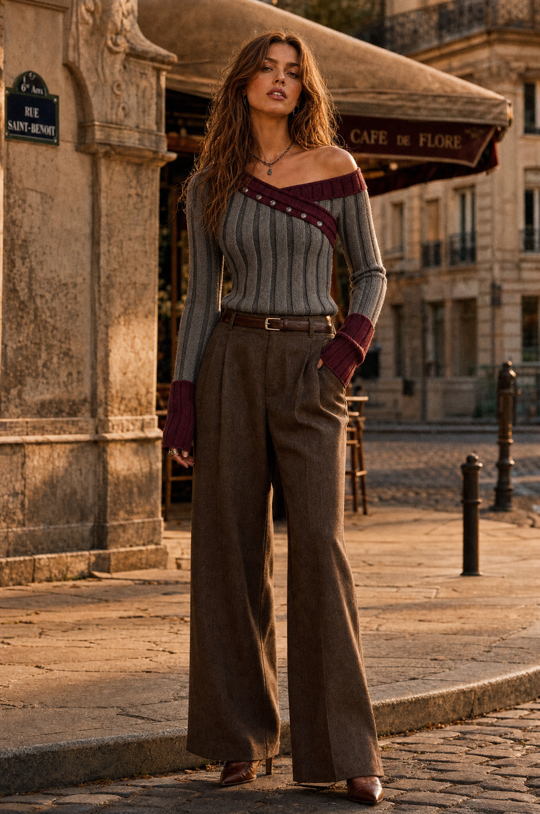 Asymmetric Off-Shoulder Ribbed Knit Sweater with Contrast Trim