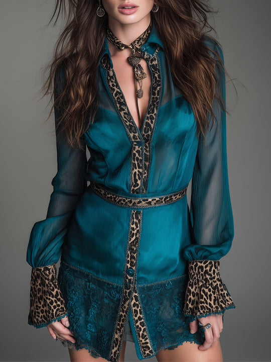 Elegant Chiffon Short Dress With Leopard Print Trim