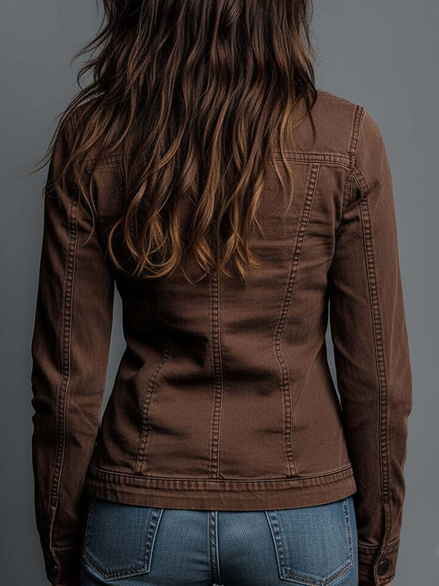 Vintage Brown Washed Denim Zip-Up Shirt