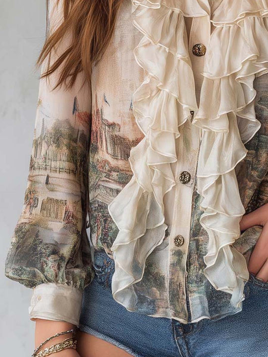 Retro Print Ruffled Long-Sleeve Shirt