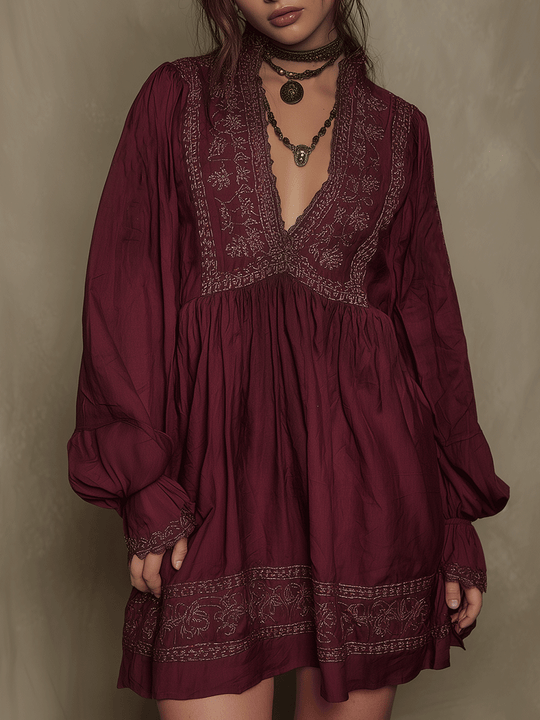 Vintage Boho Embroidered Burgundy Mini Dress