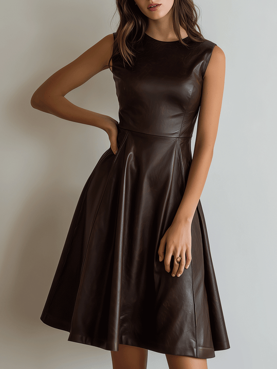Vintage Brown Faux-Leather A-Line Midi Dress