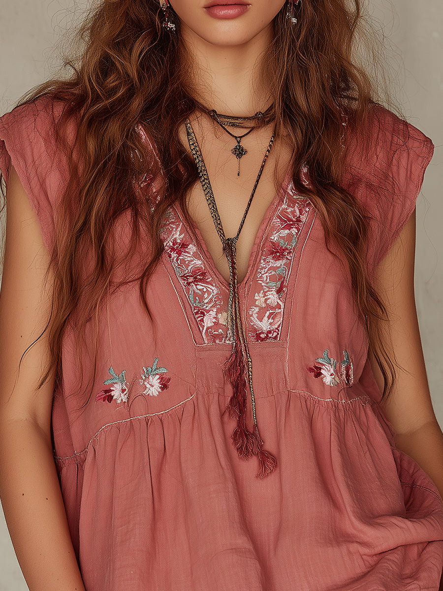 Bohemian Embroidered Loose Sleeveless Blouse