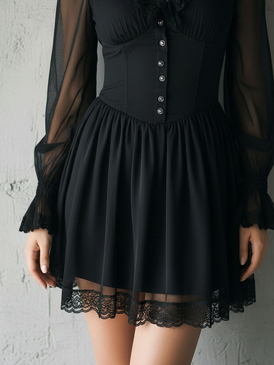 High-Neck Black Sheer Lace Mini Dress With Buttons
