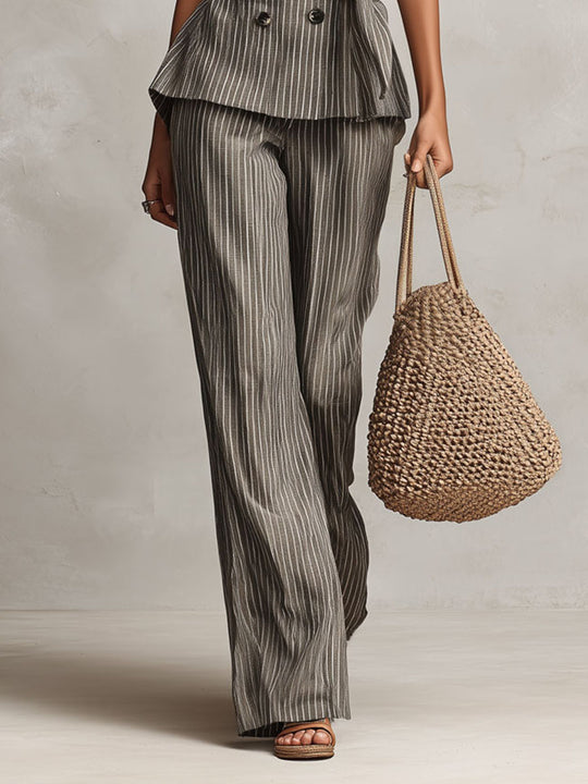 Retro Pinstripe Double-Breasted Vest And Wide-Leg Trouser Suit