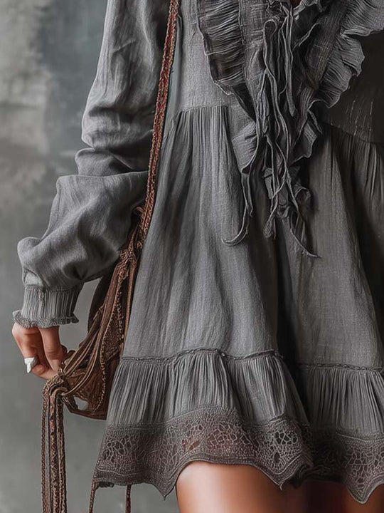 Ruffled V-Neck Cotton-Linen Mini Dress