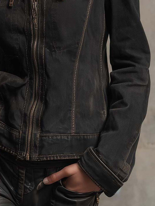 Vintage Washed Denim Jacket With Accentuated Shoulder Line