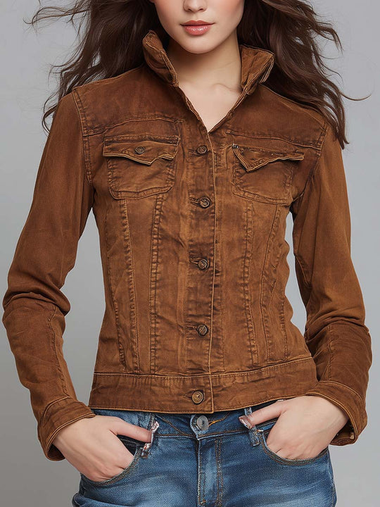 Classic Retro Washed Cocoa Brown Fitted Utility Jacket